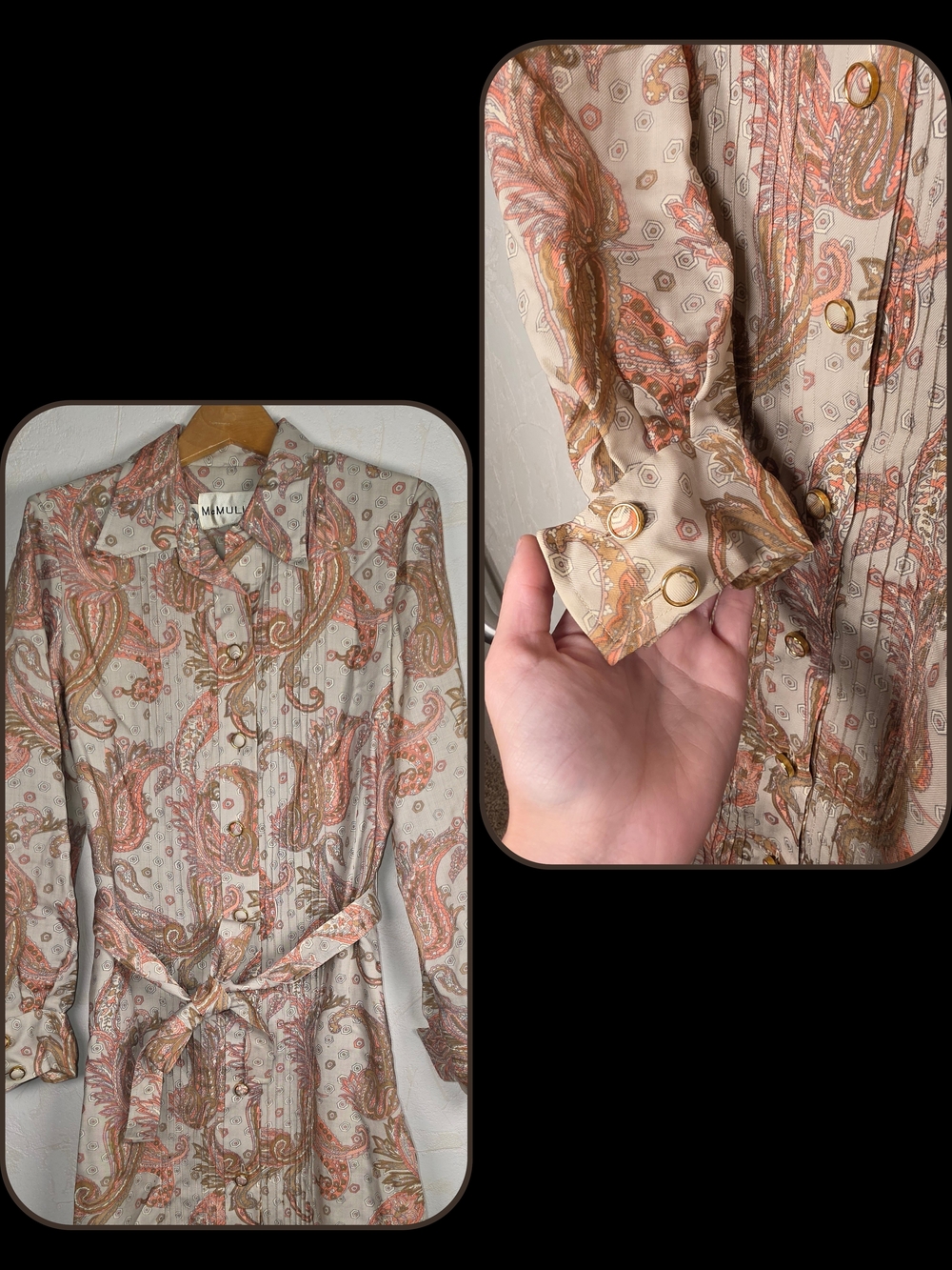 Vintage 70s McMullen Paisley Dagger Collar Long Sleeve Belted Midi Dress Boho 8